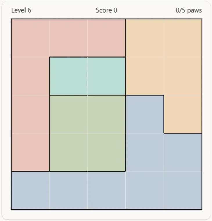 An empty 5 by 5 Pawdoku board split into five coloured regions with bold borders