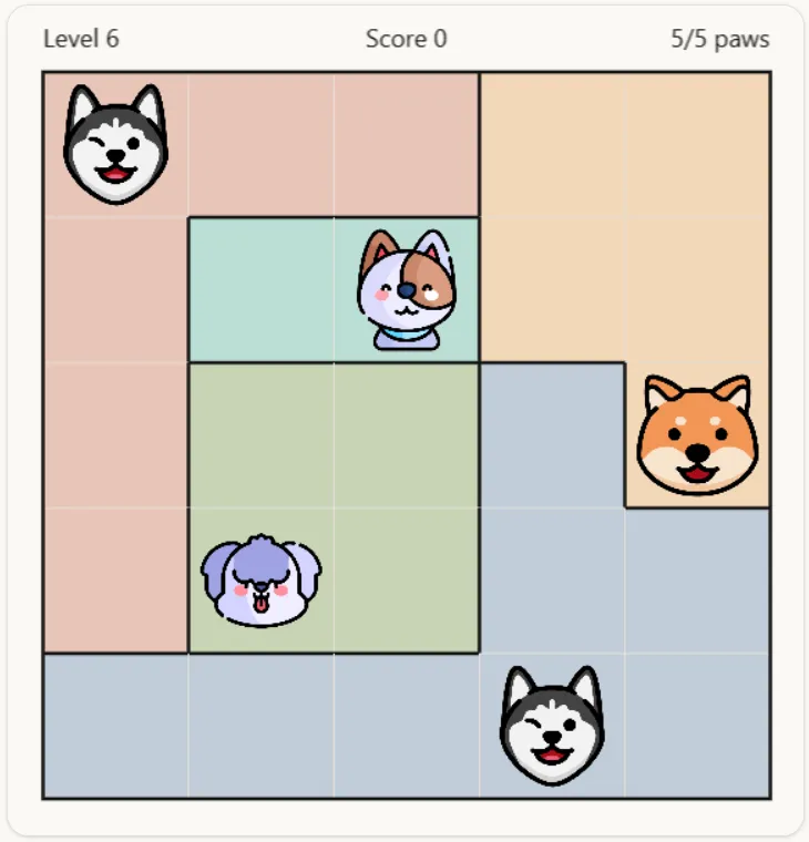 A completed 5 by 5 Pawdoku board with one dog in every row, column and coloured region