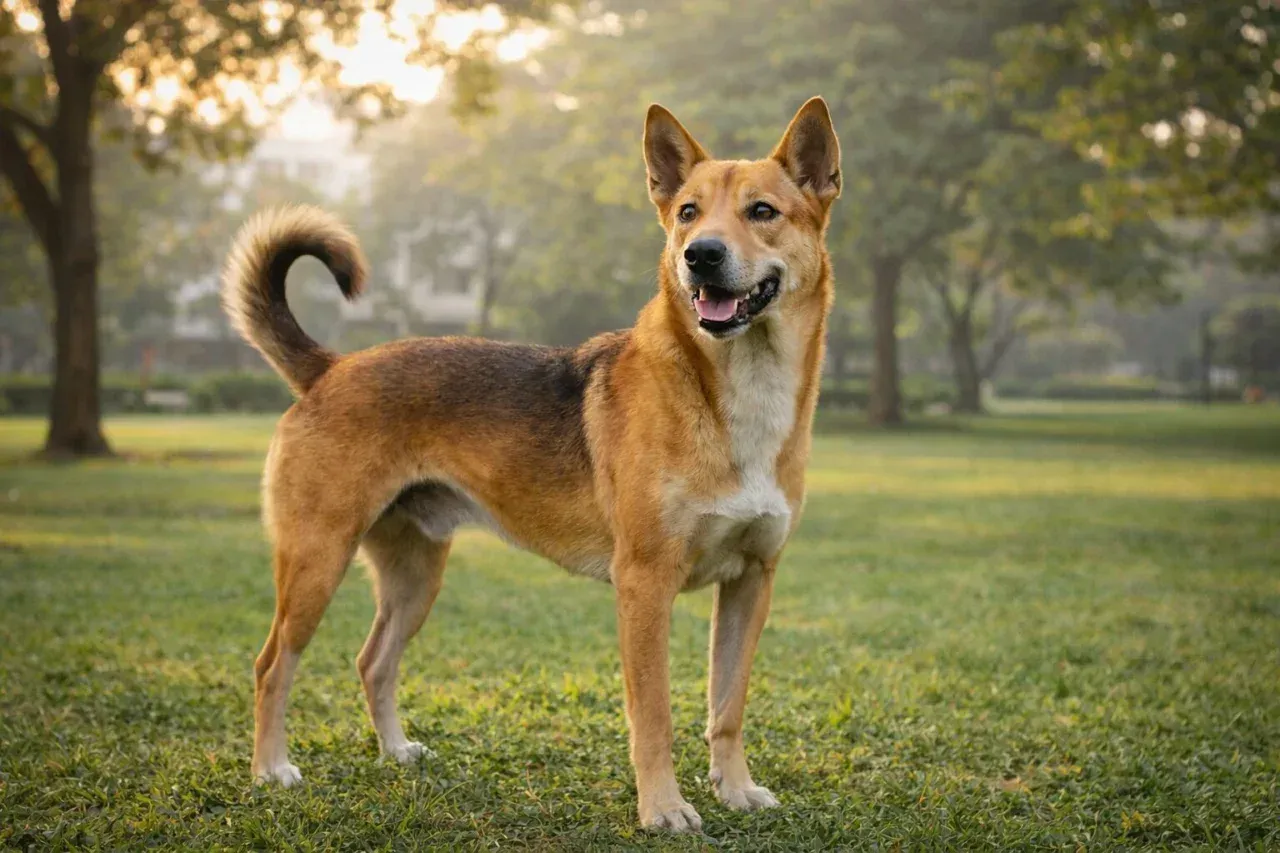 A fawn Indian Pariah Dog with upright ears and a curled tail standing on grass in a park at sunrise, mouth open in a relaxed smile.