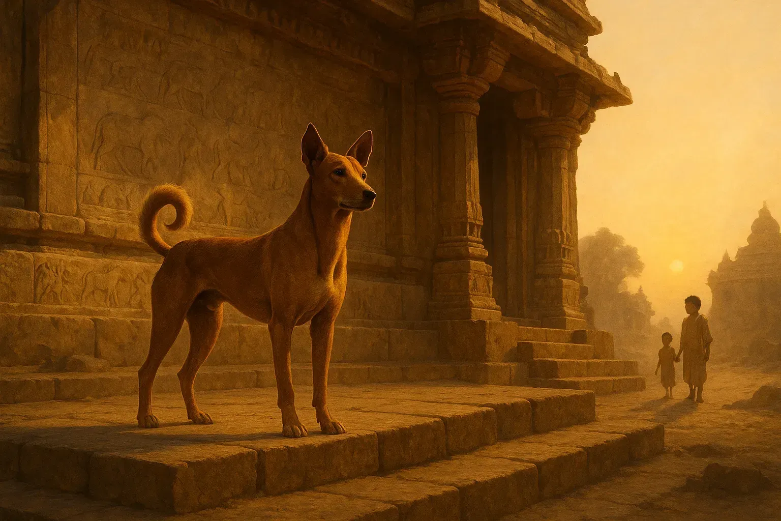 An illustration of a fawn pariah dog standing on ancient temple steps at golden sunset, with two children walking hand in hand in the distance.