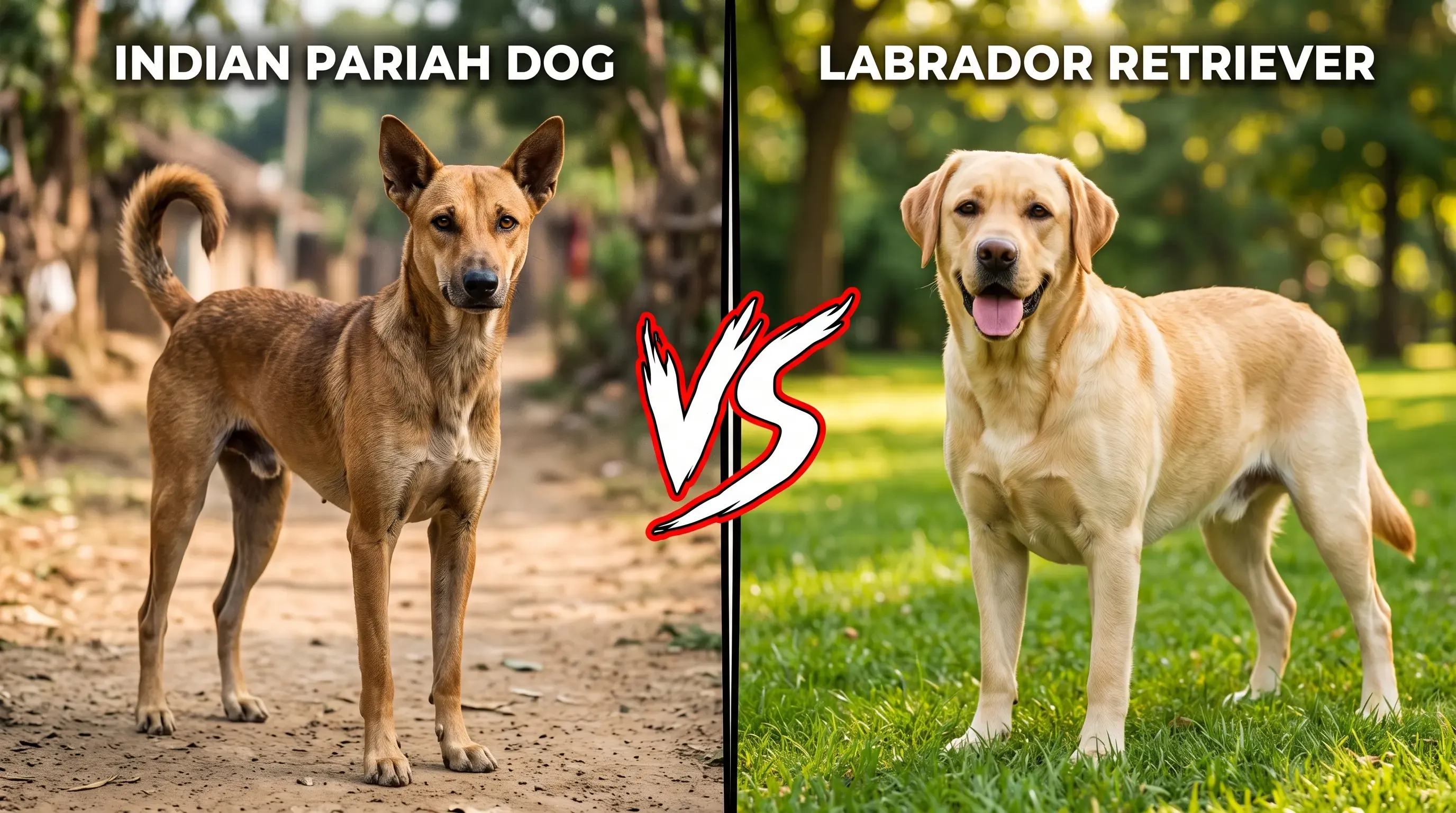 Side-by-side comparison graphic: an Indian pariah dog on a village path next to a Labrador Retriever on grass, labelled 'Indian Pariah Dog' vs 'Labrador Retriever'.