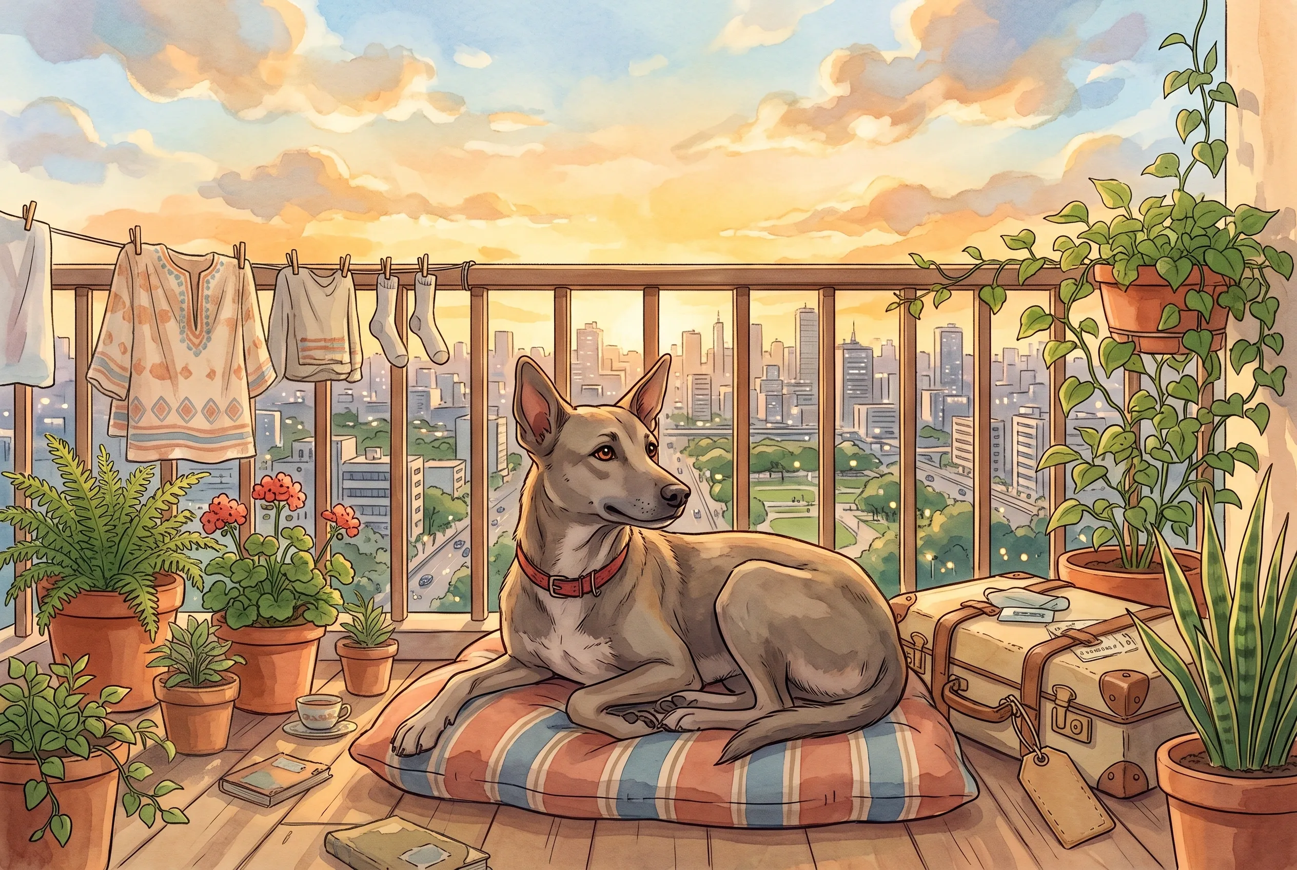 Illustration of a street dog resting on a cushion on a sunlit Melbourne balcony, city skyline in the background, a packed suitcase beside her.