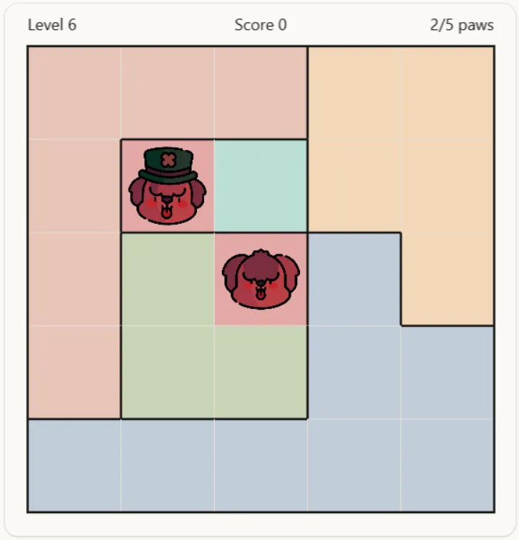 Two dogs placed diagonally next to each other on a Pawdoku board, both highlighted red because they touch at a corner