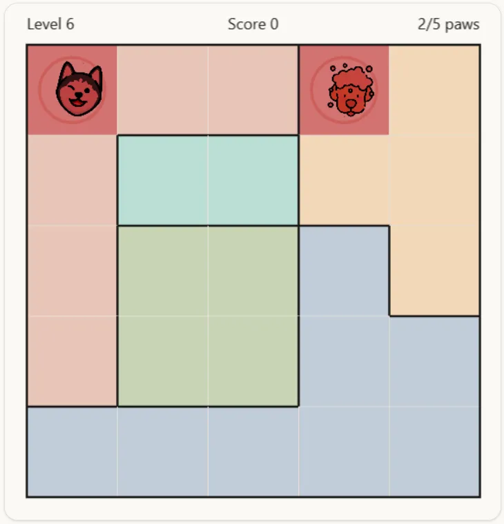 Two dogs placed in the top row of a Pawdoku board, both highlighted red because a row can only hold one dog