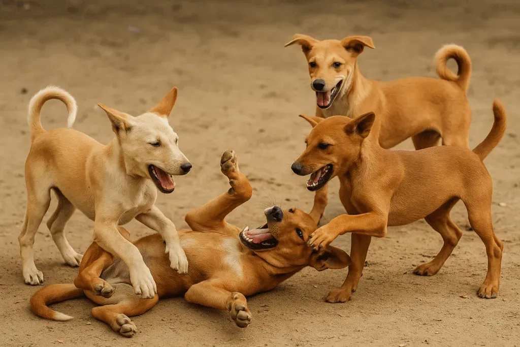 Four tan pariah dogs playing together on sandy ground, one rolling on its back with its mouth open.