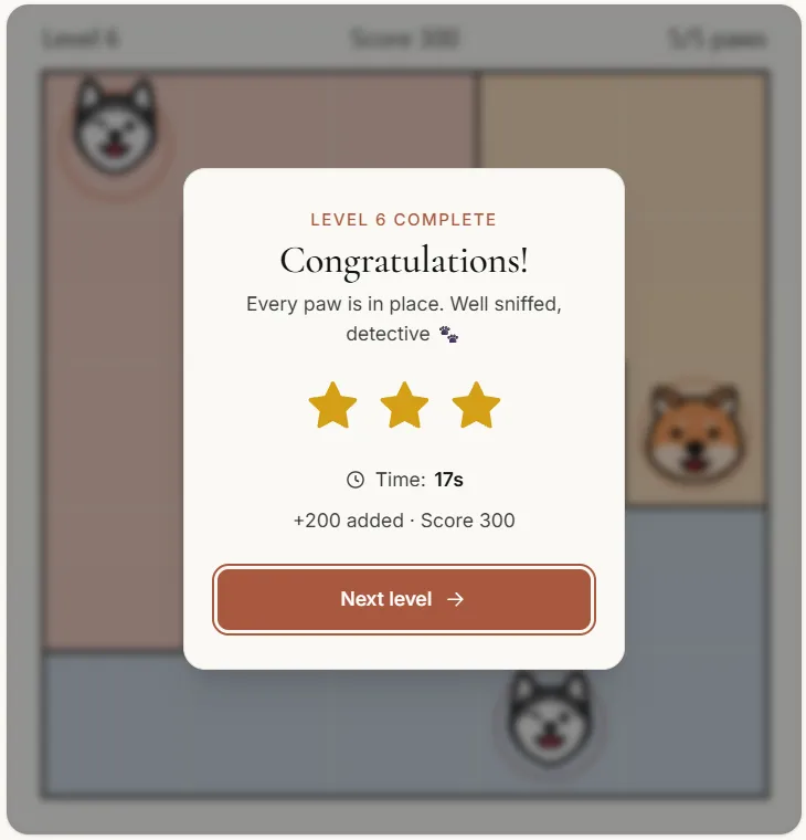 The Pawdoku level complete card showing three stars, the time taken and the points added