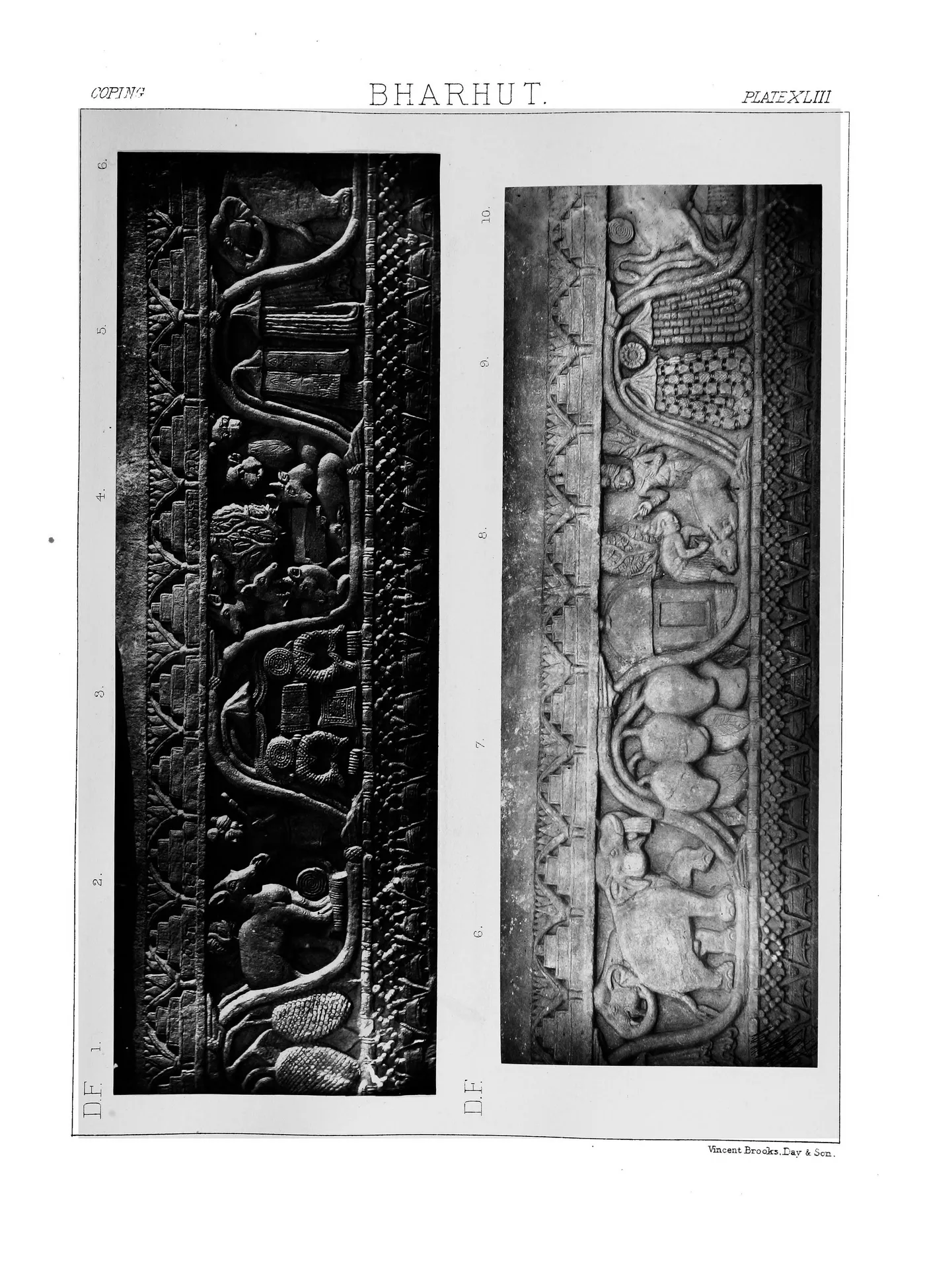 A scanned plate from an 1879 archaeology book showing two long strips of weathered stone coping carved with figures, animals and trees, labelled Plate XLIII.