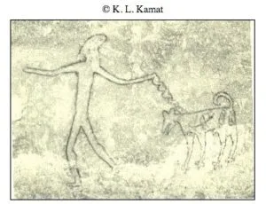A faded rock painting at Bhimbetka showing a man walking a leashed dog with a curled tail and erect ears.